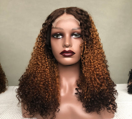 Full Density Virgin Hair Pixie Curl 4x4 Lace Closure Wig Color T4/30/4