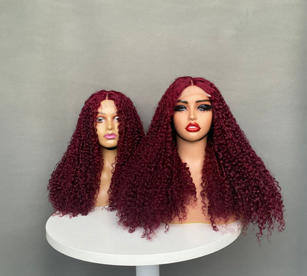 Super Double Drawn 4x4 Lace Closure Wig Pixie Curl Wine Color Full Density