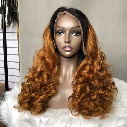 13x4 Lace Frontal Wig Super Double Drawn Hair Bouncy Wave ombre color(1b/30)