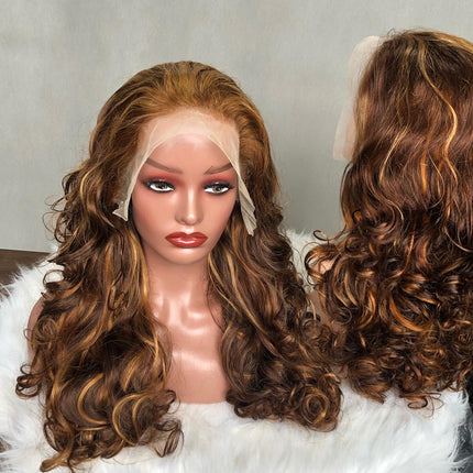 13x4 Lace Frontal Wig Super Double Drawn Hair Bouncy Wave Piano Color