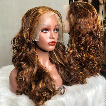 13x4 Lace Frontal Wig Super Double Drawn Hair Bouncy Wave Piano Color