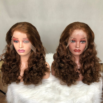 13x4 Lace Frontal Wig Super Double Drawn Hair Bouncy Wave Brown Color