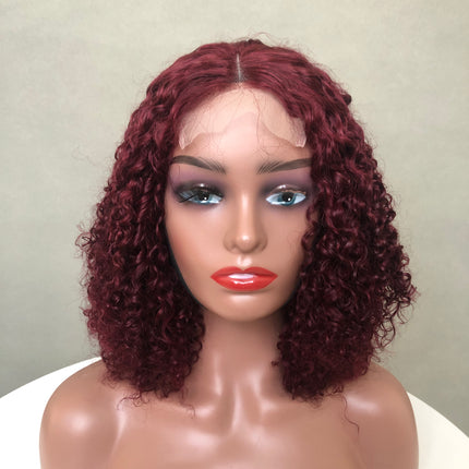 Super Double Drawn 4x4 Lace Closure Wig Pixie Curl Wine Color Full Density