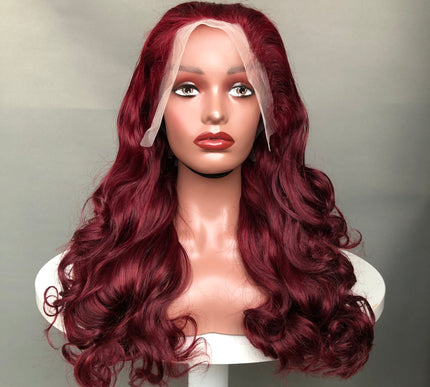 13x4 Lace Frontal Wig Super Double Drawn Hair Bouncy Wave Wine Color