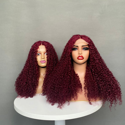 Super Double Drawn 4x4 Lace Closure Wig Pixie Curl Wine Color Full Density