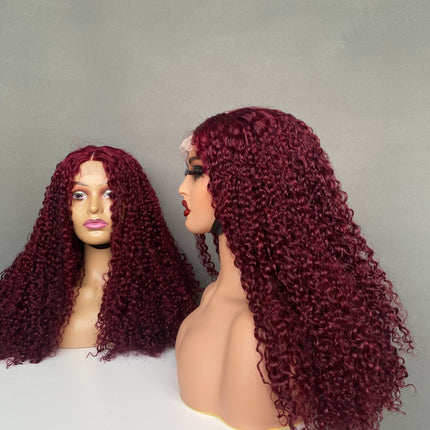 Super Double Drawn 4x4 Lace Closure Wig Pixie Curl Wine Color Full Density