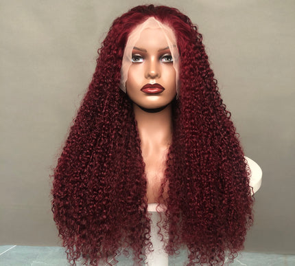13x4 Lace Frontal Wig Super Double Drawn Pixie Curl Burgundy Color