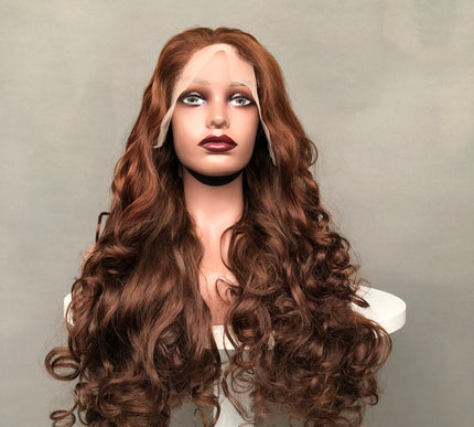 13x4 Lace Frontal Wig Super Double Drawn Hair Bouncy Wave Brown Color