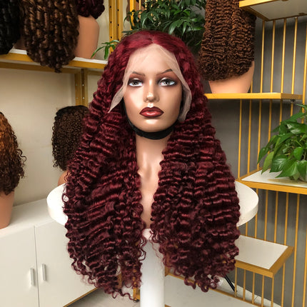 Full Density 13x4 Lace Frontal Wig Factory Burmese Curl Wine Color