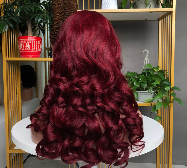 4x4 Closure Wig Bouncy Wave Factory Wig 18inch Wine Color