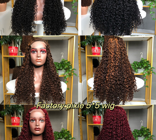 5x5  Lace Closure Factory Wig Pixie Curl Double Drawn Quality
